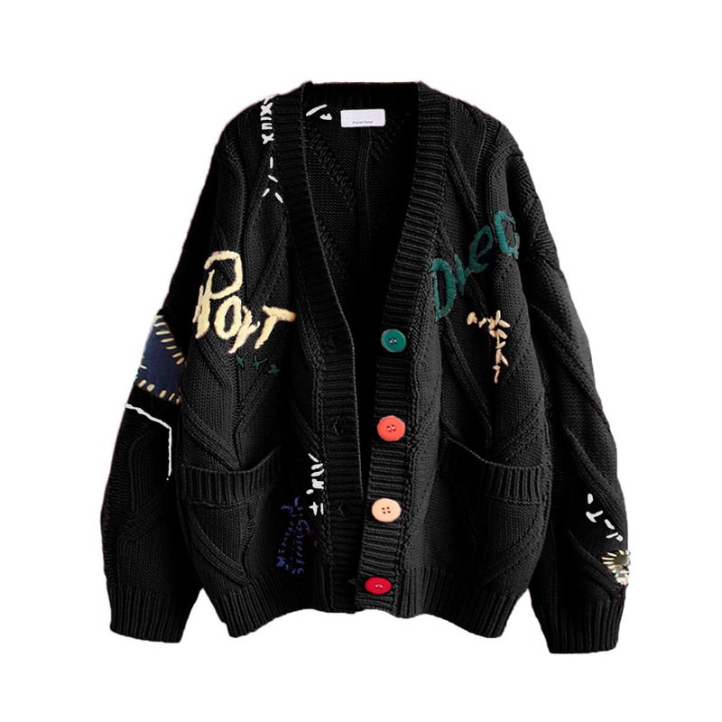 ebossy Women's Cable Knit Long Sleeve Open Front Cardigan Sheep V-Neck Button Down Embroidery Wool Blend Sweater Coat Outwear (L,Black) - Image 5