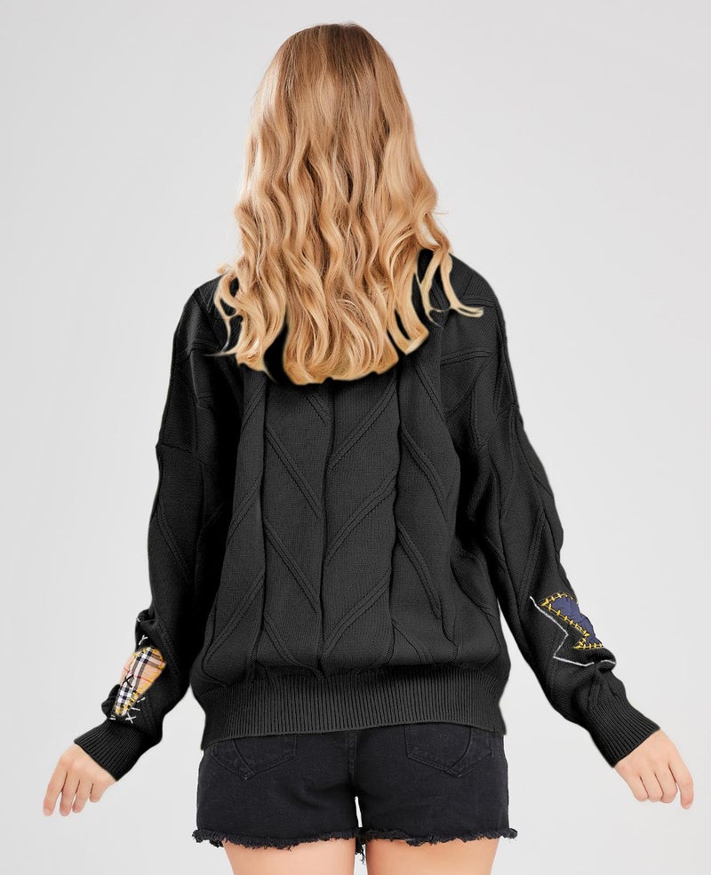 ebossy Women's Cable Knit Long Sleeve Open Front Cardigan Sheep V-Neck Button Down Embroidery Wool Blend Sweater Coat Outwear (L,Black) - Image 3