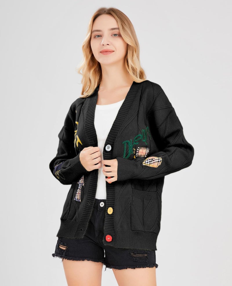 ebossy Women's Cable Knit Long Sleeve Open Front Cardigan Sheep V-Neck Button Down Embroidery Wool Blend Sweater Coat Outwear (L,Black) - Image 4