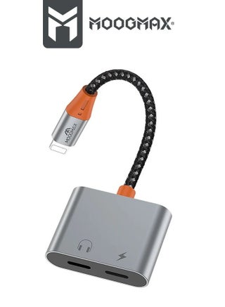 A Headphone jack and a dual charger with an iPhone (Lightning) port. It is made of fabric that is difficult to cut and easy to carry. It transmits sound and charges quickly and with high quality. - view 2