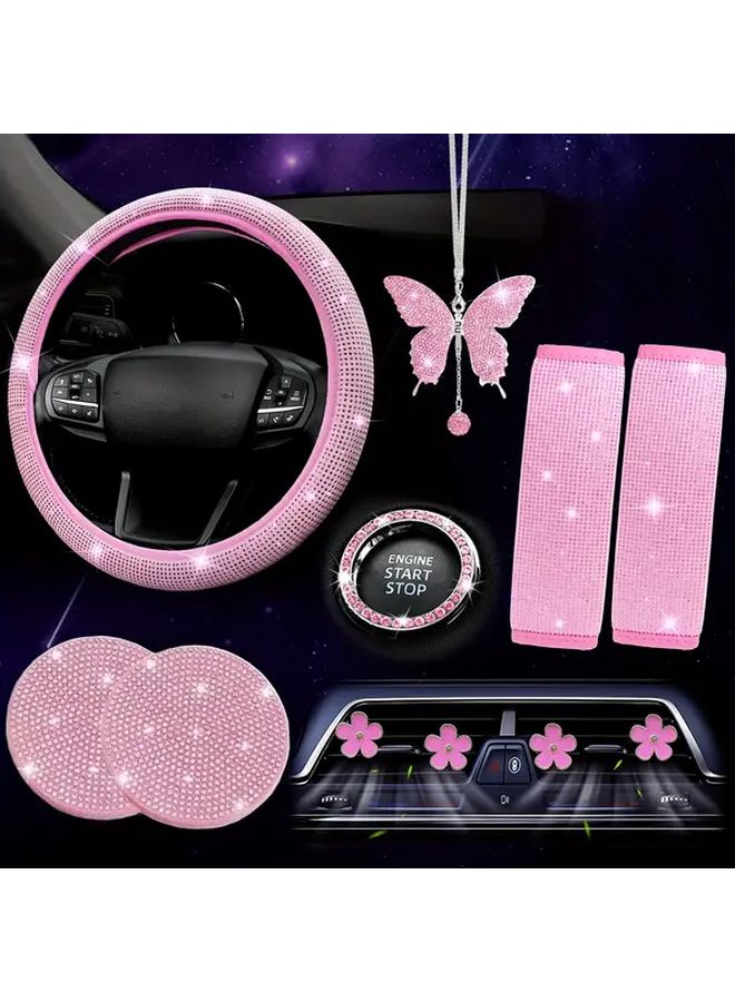 White Car Interior Accessories Kit Steering Wheel Cover Dashboard Protector Air Vent Clips - Image 1