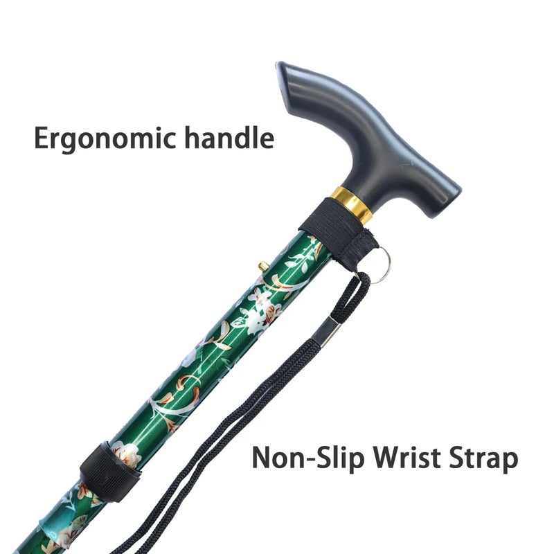 CLOKTA Folding Cane, 5-Level Adjustable Height Lightweight Portable Foldable Walking Canes with Wrist Strap and T Handle for Men Women Seniors (Floral Green) - Image 5