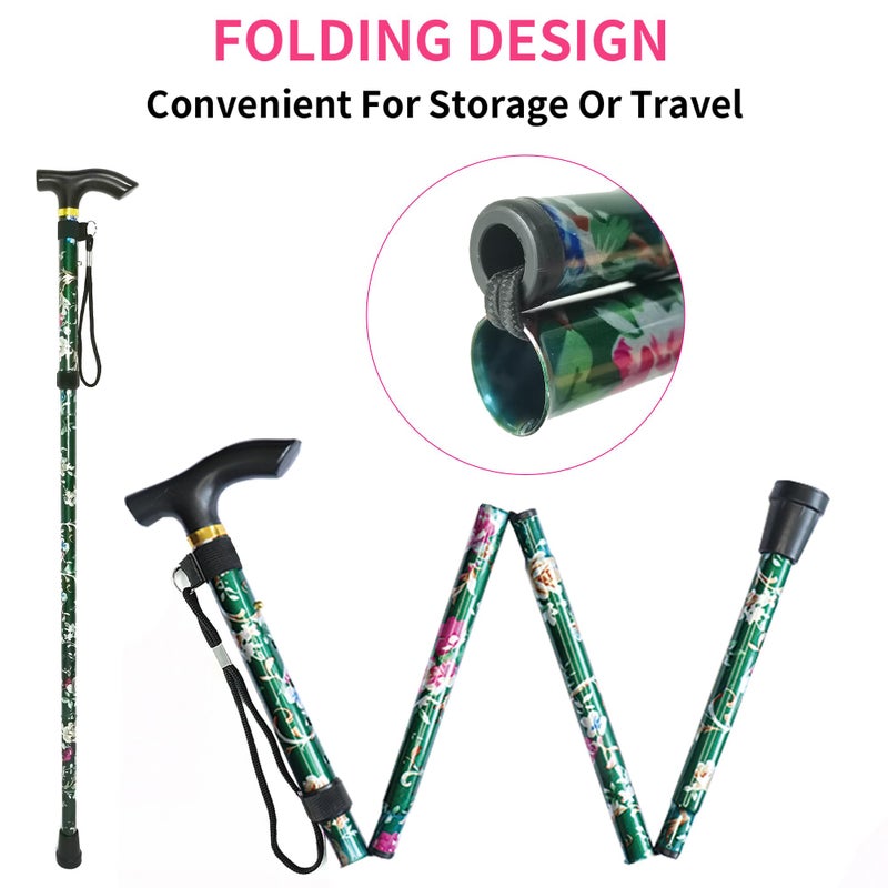 CLOKTA Folding Cane, 5-Level Adjustable Height Lightweight Portable Foldable Walking Canes with Wrist Strap and T Handle for Men Women Seniors (Floral Green) - Image 4