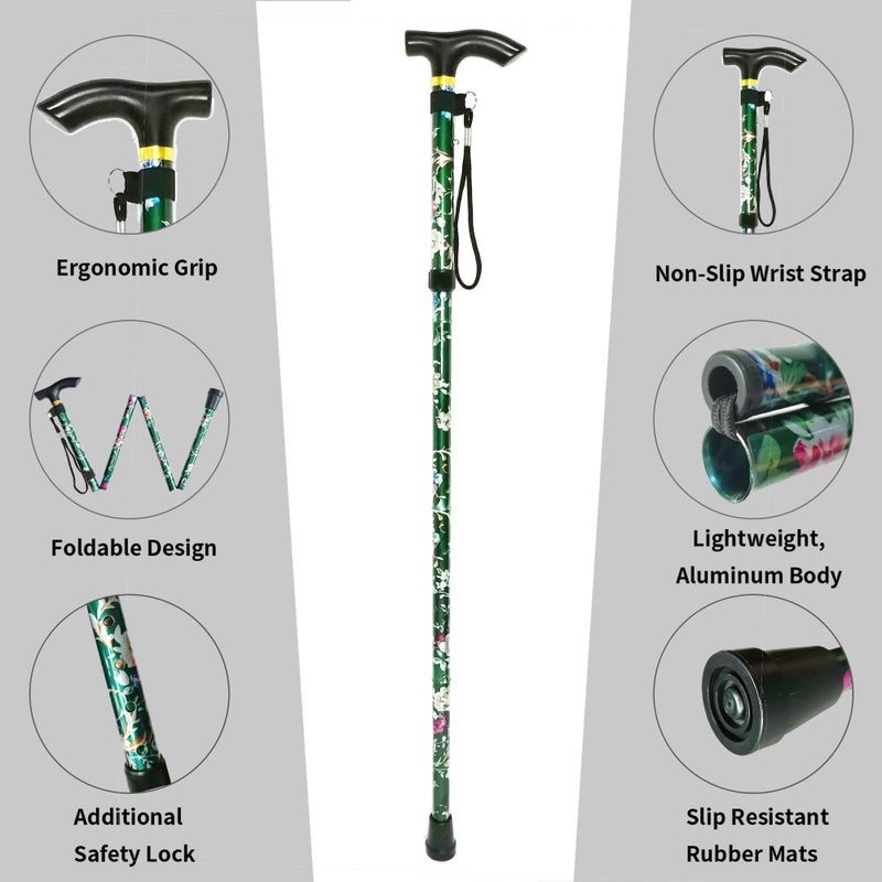 CLOKTA Folding Cane, 5-Level Adjustable Height Lightweight Portable Foldable Walking Canes with Wrist Strap and T Handle for Men Women Seniors (Floral Green) - Image 3