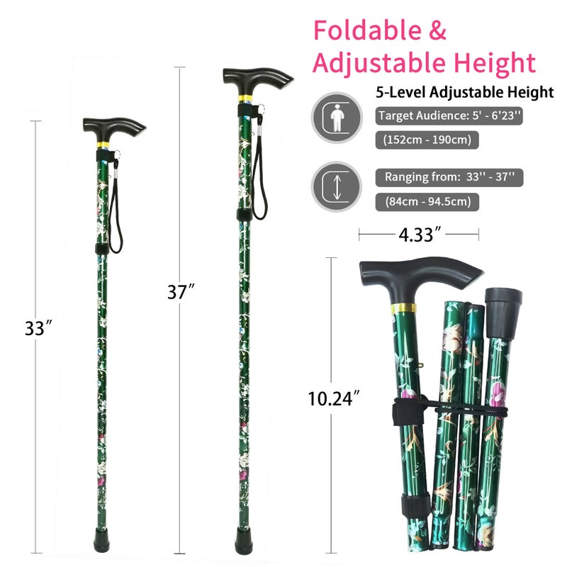 CLOKTA Folding Cane, 5-Level Adjustable Height Lightweight Portable Foldable Walking Canes with Wrist Strap and T Handle for Men Women Seniors (Floral Green) - Image 2