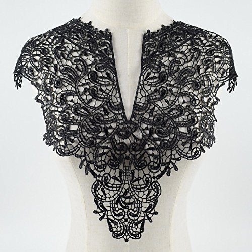 FEEPOP 1 Sets (Front/Back) Pink/Red/Black/White Lace Neckline Collar Beautiful Flower Lace Applique Trim, Lace Fabric DIY Sewing Supplies(2Slices) (Black) - Image 2