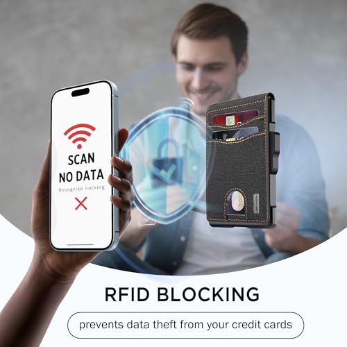 umoven محفظة أوموفن للرجال - علبة منبثقة، فتحة نقدية، وفتحة بطاقة ائتمان - محفظة ألومنيوم نحيفة مع حماية RFID، محفظة جلدية بسيطة لجيب أمامي مع نافذة هوية (دنيم) - Image 5