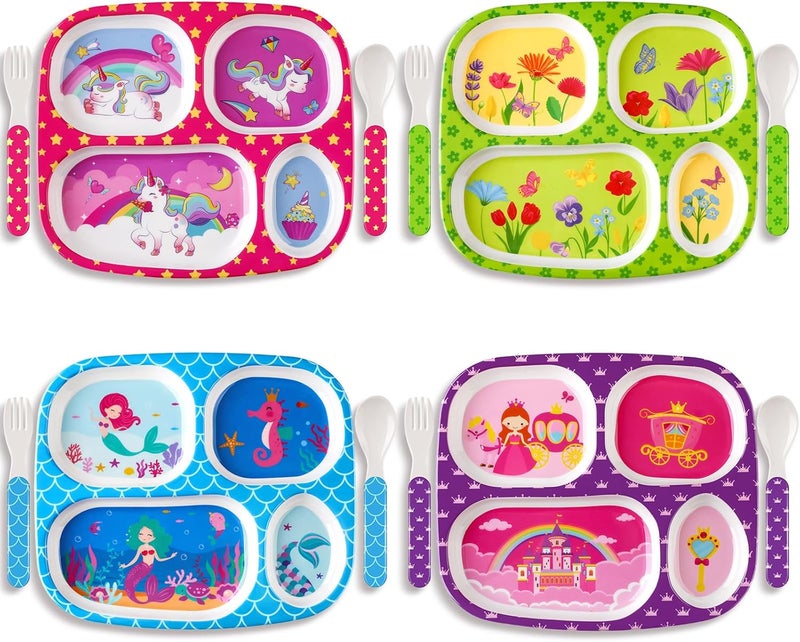 Hoolerry Hoolerry 4 Set Dinner Plate for Kids Boys Girls Dinnerware Divided Plates with Fork and Spoon Elk Shark Dinosaur Vehicle Excavator Unicorn Kids Dishes for Top Rack Dishwasher SafeMermaid - Image 1