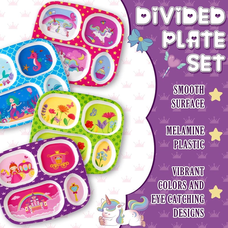Hoolerry Hoolerry 4 Set Dinner Plate for Kids Boys Girls Dinnerware Divided Plates with Fork and Spoon Elk Shark Dinosaur Vehicle Excavator Unicorn Kids Dishes for Top Rack Dishwasher SafeMermaid - Image 4