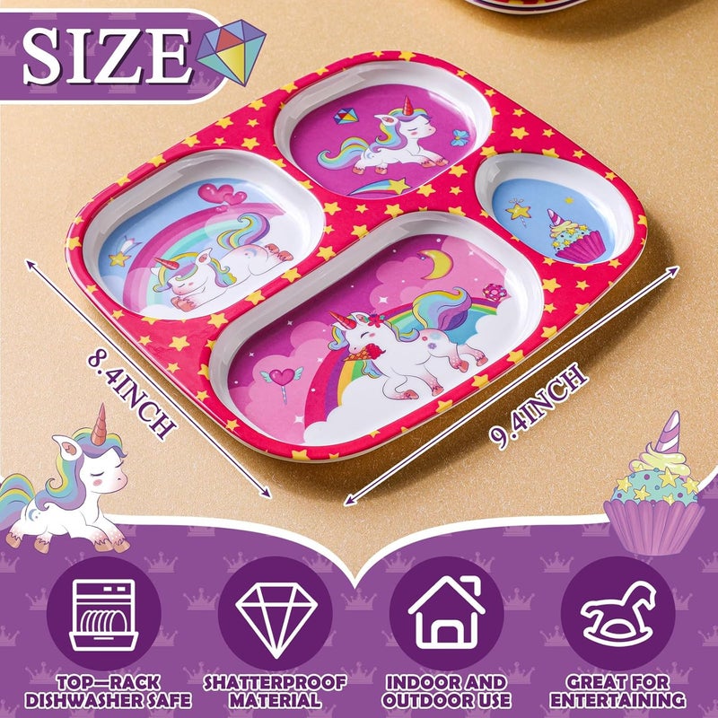 Hoolerry Hoolerry 4 Set Dinner Plate for Kids Boys Girls Dinnerware Divided Plates with Fork and Spoon Elk Shark Dinosaur Vehicle Excavator Unicorn Kids Dishes for Top Rack Dishwasher SafeMermaid - Image 2
