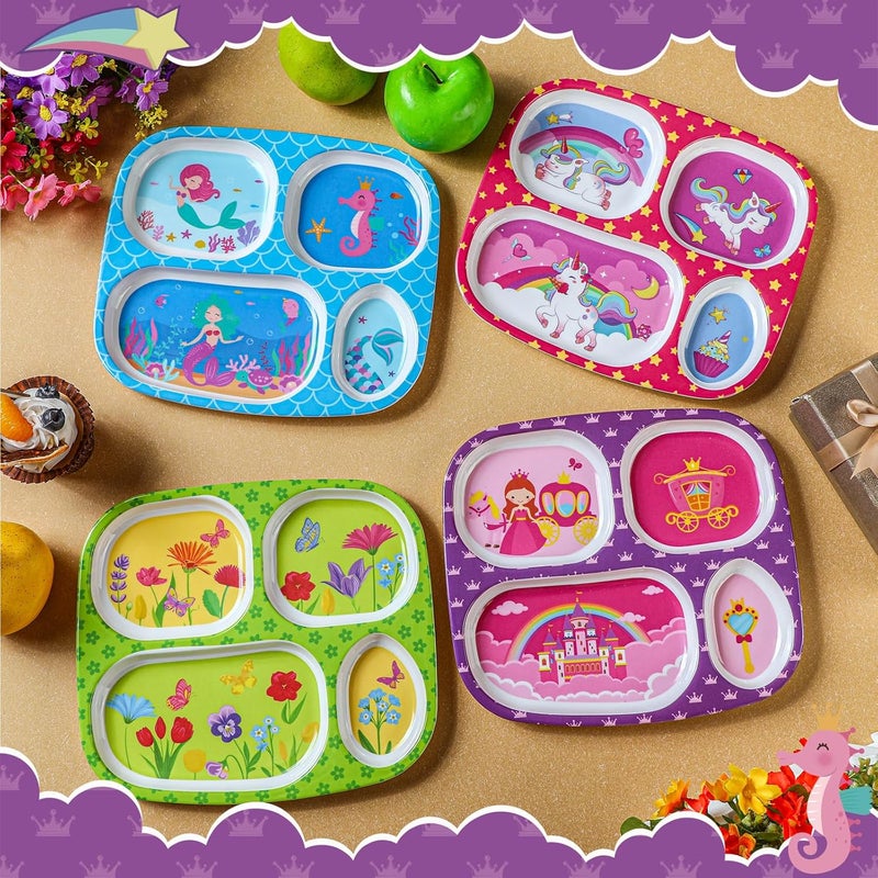 Hoolerry Hoolerry 4 Set Dinner Plate for Kids Boys Girls Dinnerware Divided Plates with Fork and Spoon Elk Shark Dinosaur Vehicle Excavator Unicorn Kids Dishes for Top Rack Dishwasher SafeMermaid - Image 3