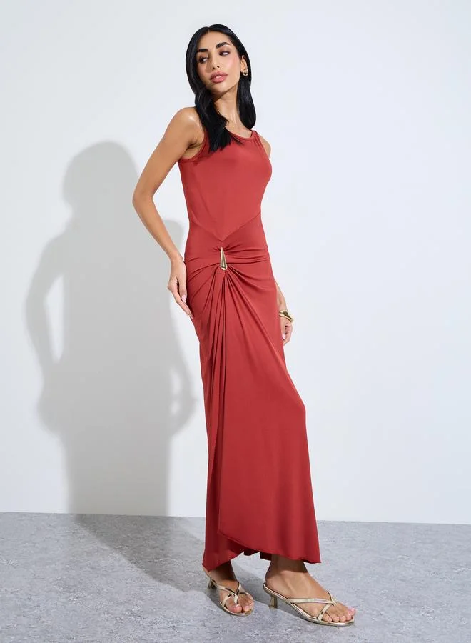 Red Solid Sleeveless Maxi Dress with Side Embellishment
