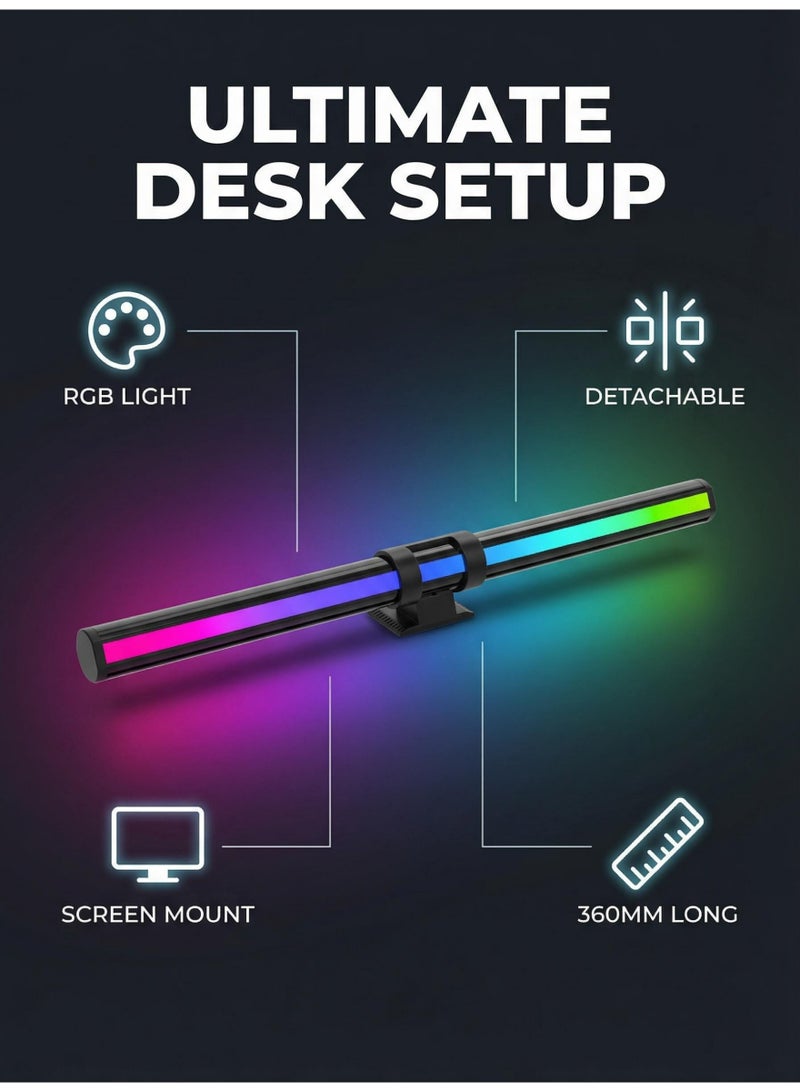 Game light, straight strip light with RGB computer monitor light strip, 14.17-inch detachable clip arm and light arm, 5-speed color temperature adjustment, touch operation, anti glare and eye protection design, backlit RGB ambient light, suitable for 0.86-inch thickness display, ABS+metal material, black - Image 1