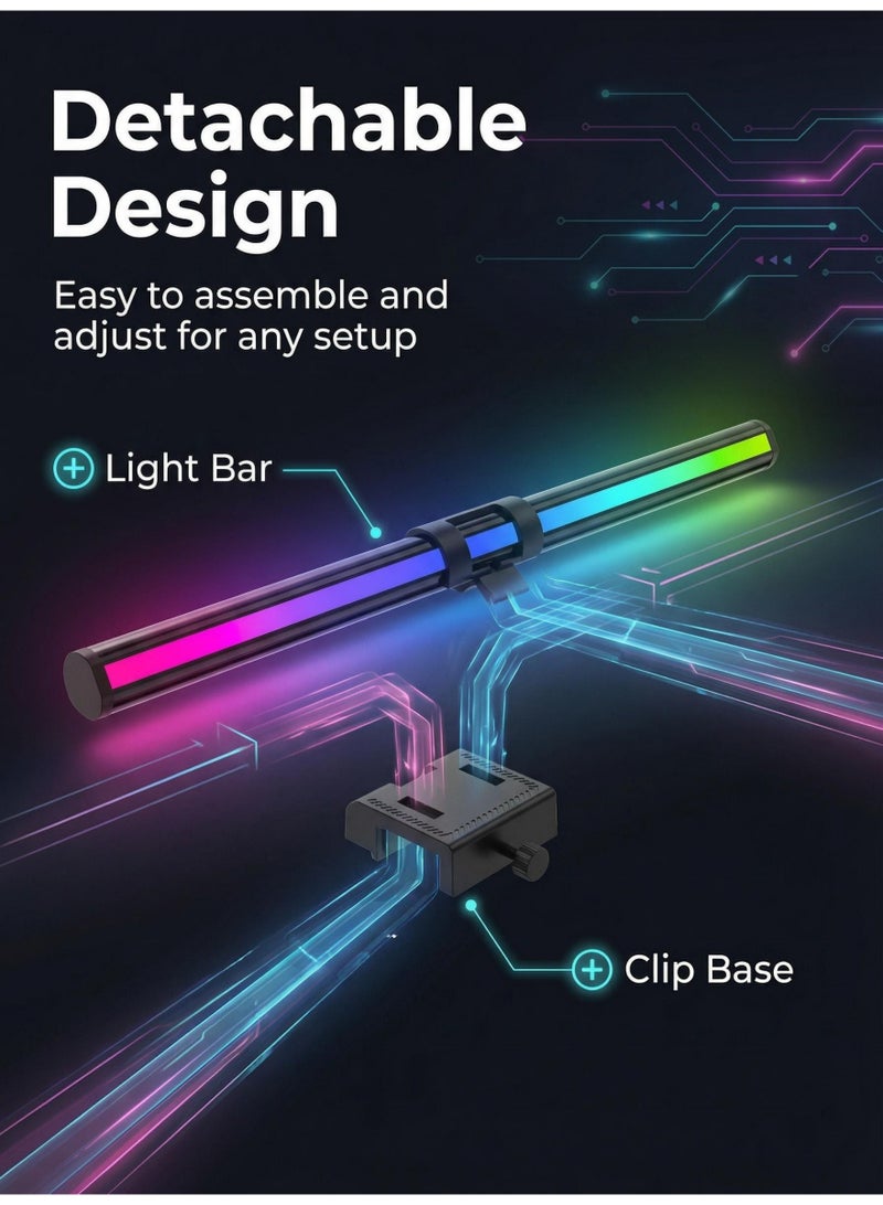 Game light, straight strip light with RGB computer monitor light strip, 14.17-inch detachable clip arm and light arm, 5-speed color temperature adjustment, touch operation, anti glare and eye protection design, backlit RGB ambient light, suitable for 0.86-inch thickness display, ABS+metal material, black - Image 5