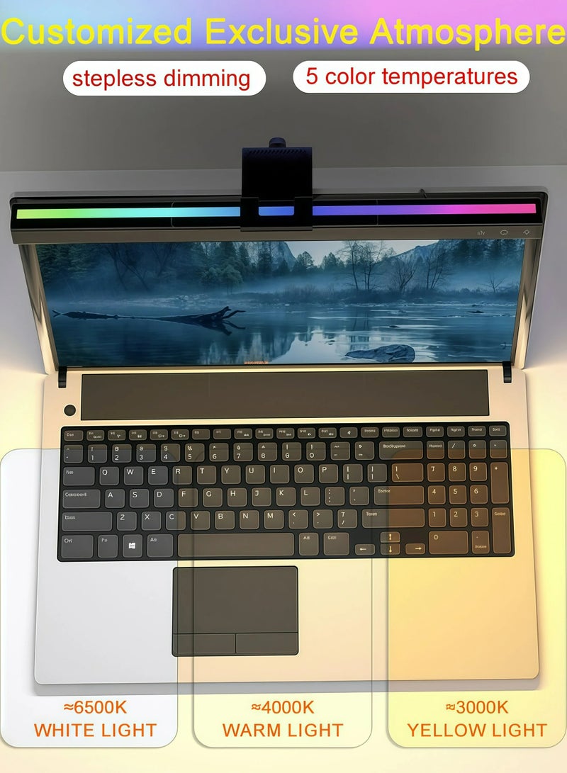 Game light, straight strip light with RGB computer monitor light strip, 14.17-inch detachable clip arm and light arm, 5-speed color temperature adjustment, touch operation, anti glare and eye protection design, backlit RGB ambient light, suitable for 0.86-inch thickness display, ABS+metal material, black - Image 2