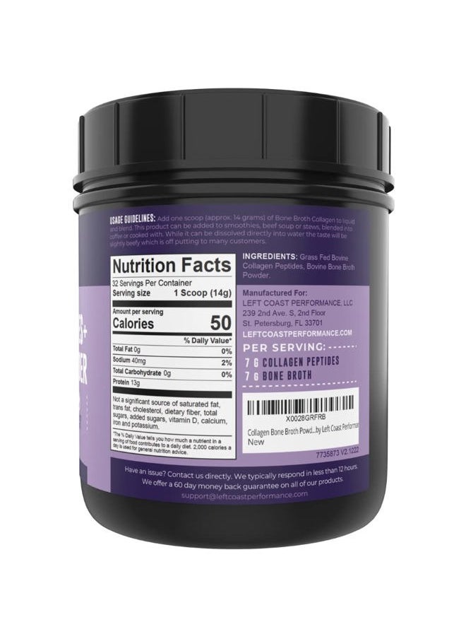 Left Coast Performance - 16oz Bone Broth Powder with Grass Fed Collagen Peptides - Unflavoured, Zero Carb, Dairy Free, No Additives, No Fillers - Natural Source Type I and III - Grass Fed Bone Broth Collagen Powder - Image 1