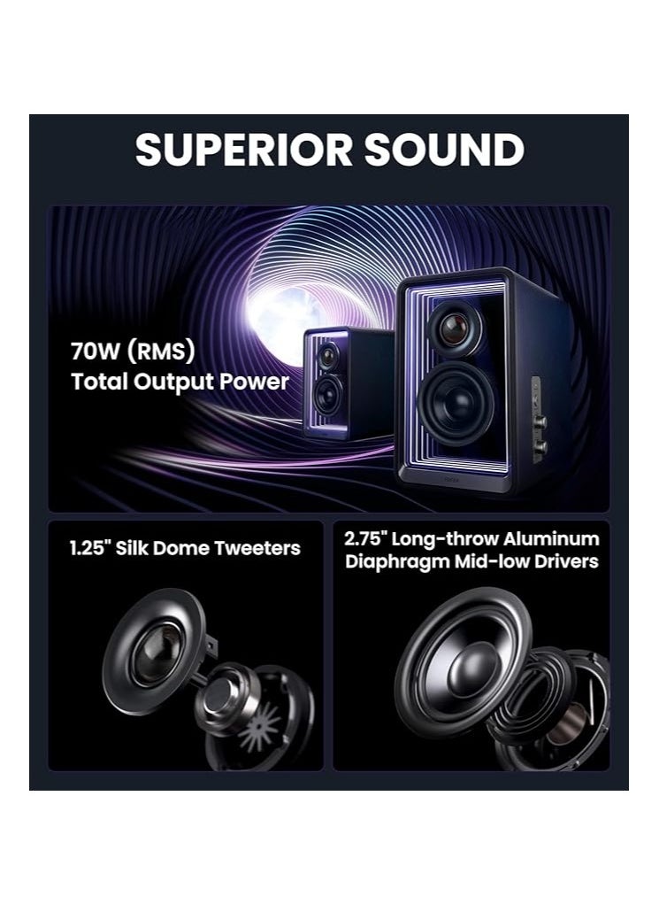 EDIFIER Edifier QR65 Desktop Active Monitor with 2.75" long-throw aluminum diaphragm mid-low drivers, Hi-Res Audio, Brilliant Light Effects, GaN Fast Charger, and 70W Output Power Bluetooth Speakers - Black  - Image 2