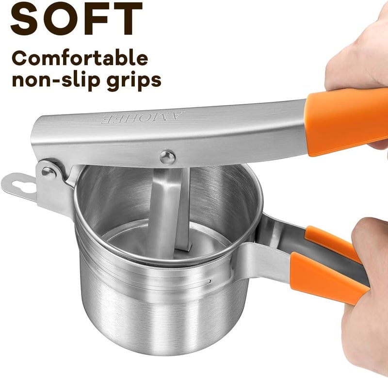 AMOHEE Potato Ricer, 15oz/425g Large Stainless Steel Potato Masher Upgrade Heavy Duty Design with Anti-Slip Handle Ricer for Mashed Potatoes & Food Press for Fruits, Carrots, Yams, Orange - Image 4