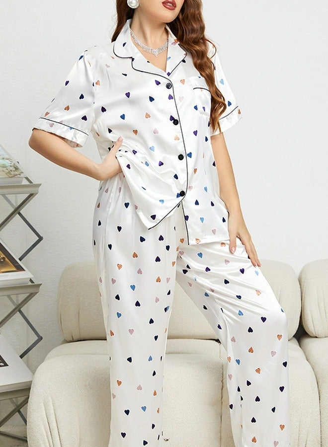 Loquat Women's Printed 2-Piece Set Nightgown Sleepwear Short Sleeve Top And Pants Soft Loungewear Pajamas Suit White Mix - Image 2