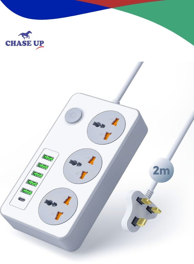Chase Up Extension Lead with UK Plug 3 Pin Socket Outlet with 3 Gang | 5 USB Port | 1 Type-C Port, 2M Electric Socket Mains Strip for Home and Office (White) - Image 1