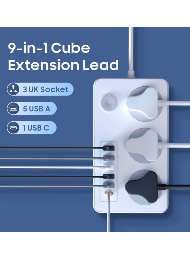 Chase Up Extension Lead with UK Plug 3 Pin Socket Outlet with 3 Gang | 5 USB Port | 1 Type-C Port, 2M Electric Socket Mains Strip for Home and Office (White) - Image 4