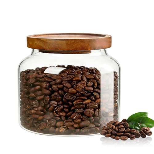 piconesper 1PC Glass Storage Jars with Airtight Lids, 44 fl oz (1300ml) coffee container with Wooden Lid, Glass Pantry Canister for Beans, Rice, Sugar and etc - Image 1