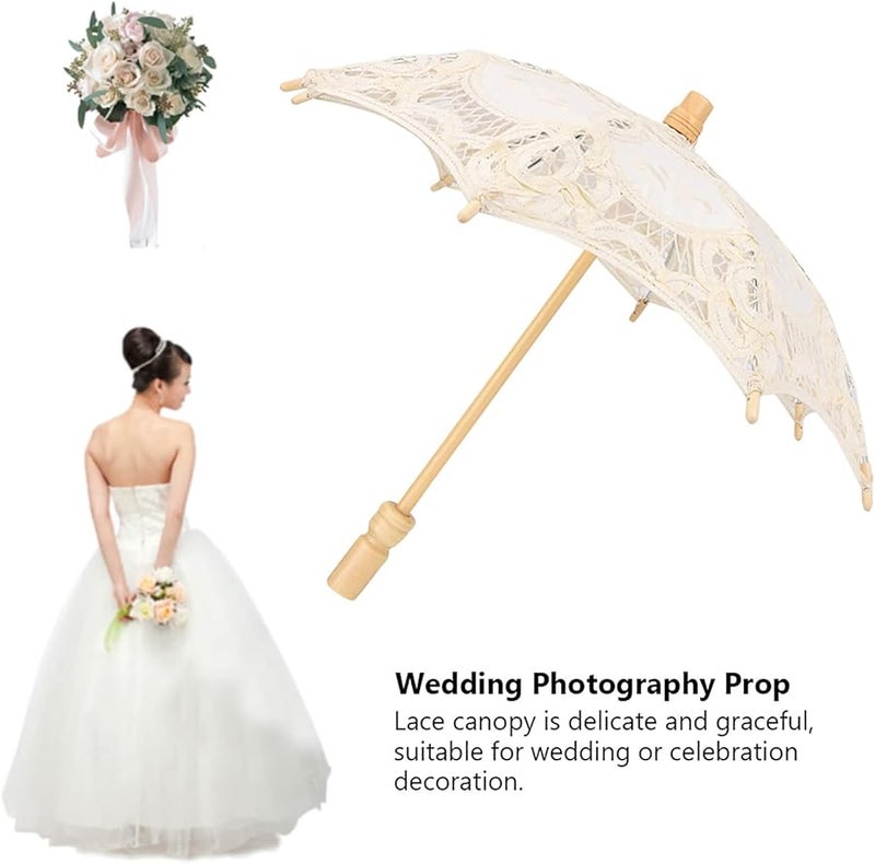 Beige Bridal Lace Umbrella with Wooden Handle for Wedding Photography Party Prop - Image 4