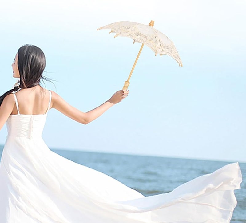 Beige Bridal Lace Umbrella with Wooden Handle for Wedding Photography Party Prop - Image 3