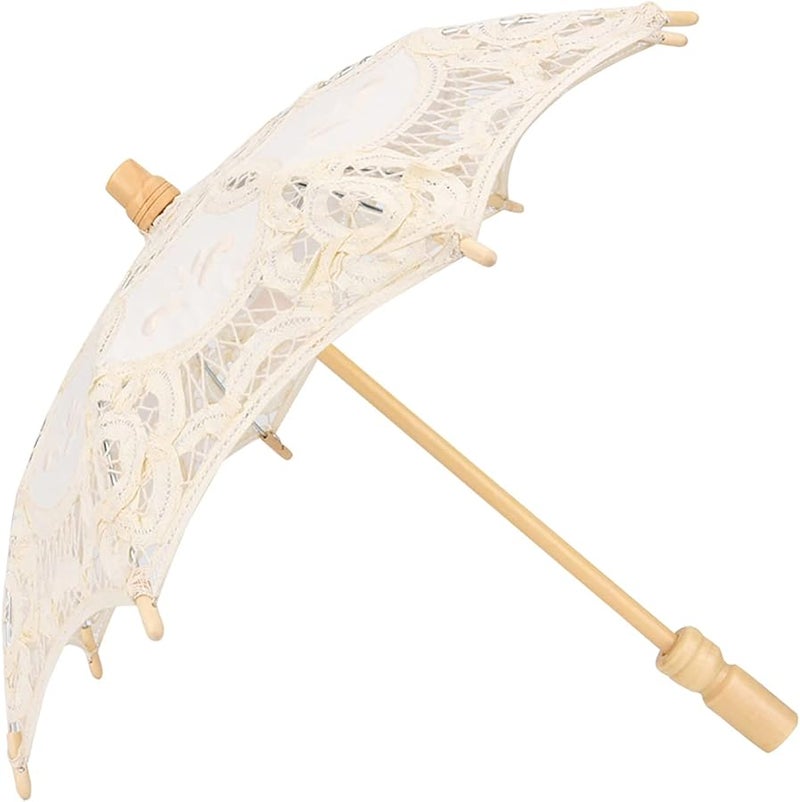 Beige Bridal Lace Umbrella with Wooden Handle for Wedding Photography Party Prop - Image 1