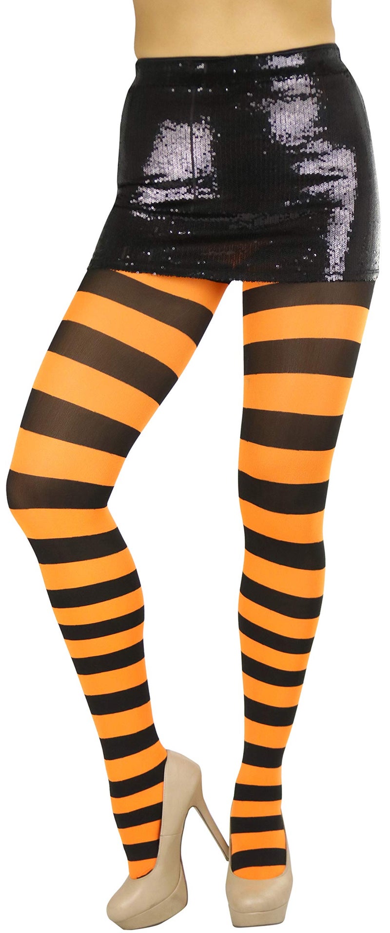 ToBeInStyle Women's Full Footed Wide Striped Tights - Black And Orange- One Size Regular - Image 5