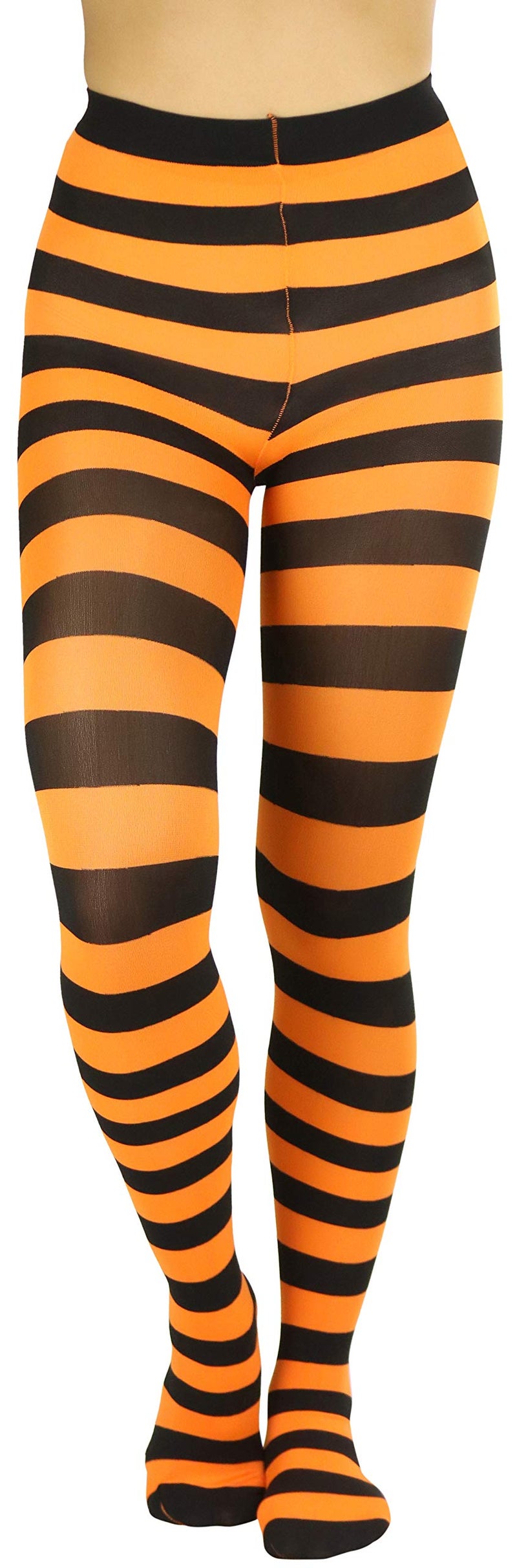 ToBeInStyle Women's Full Footed Wide Striped Tights - Black And Orange- One Size Regular - Image 1