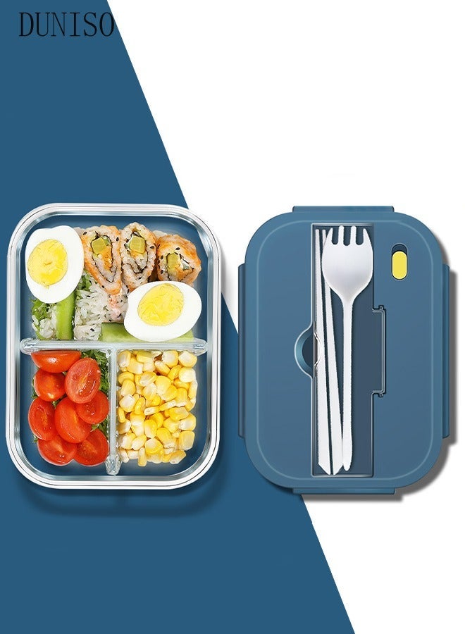 DUNISO 960ml glass lunch box with glass bowl, lunch box with reusable chopsticks and forks, leak proof food container for portable dining, lunch box cover can be used as a phone holder, microwave safe - Image 1
