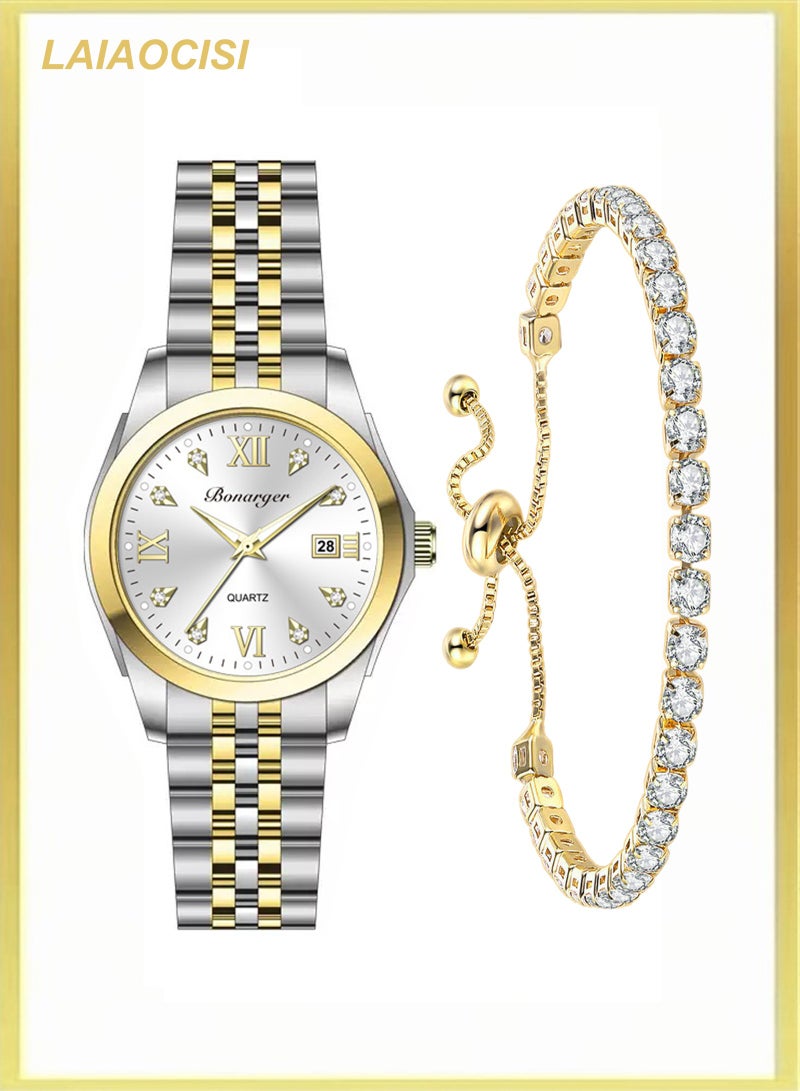 لياوسيسي ساعة كوارتز تناظرية مقاومة للماء نسائية مع لمسات كريستال سوار - فضي - Image 1