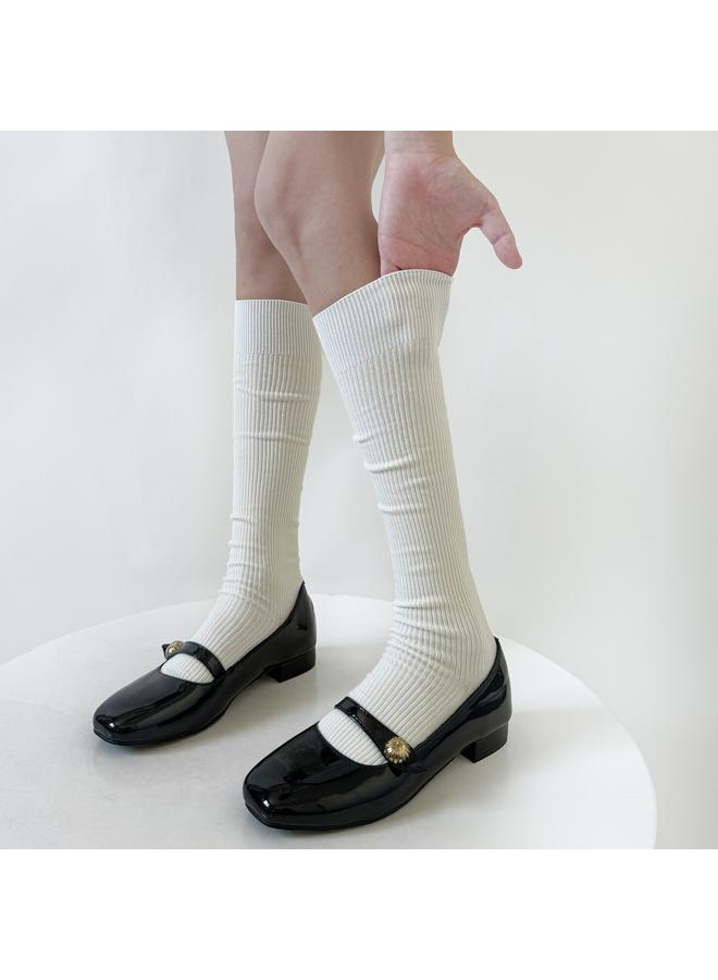 Bluejw Japanese JK Socks Milk White Vertical Striped Calf Socks Spring And Autumn Slimming Pressure Stacked Socks Gray Cotton Thin Mid-tube Socks  - Image 4