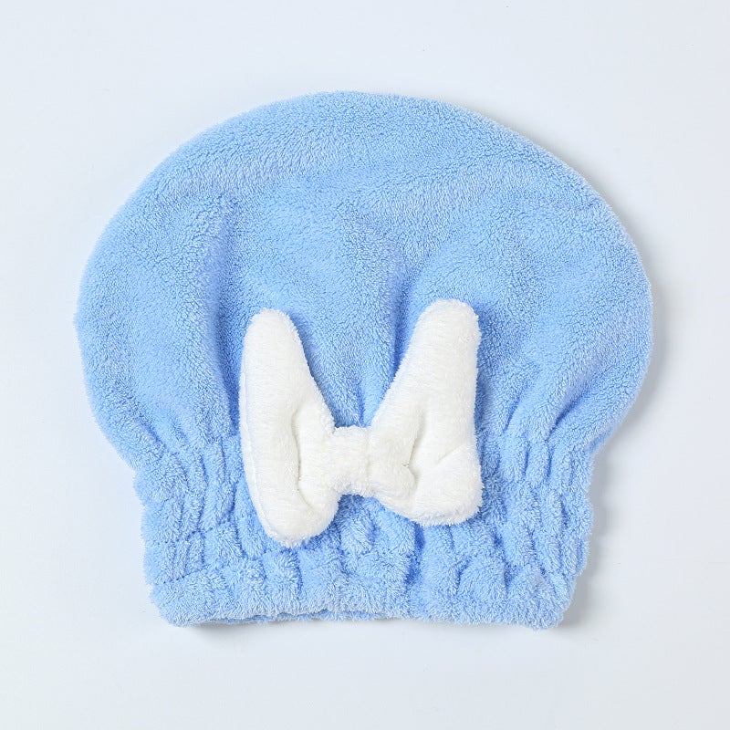 Generic Thickened Coral Fleece Large Bow Hair Drying Cap Super Absorbent Quick-drying Womens Princess Hat Hair Towel sky blue 
