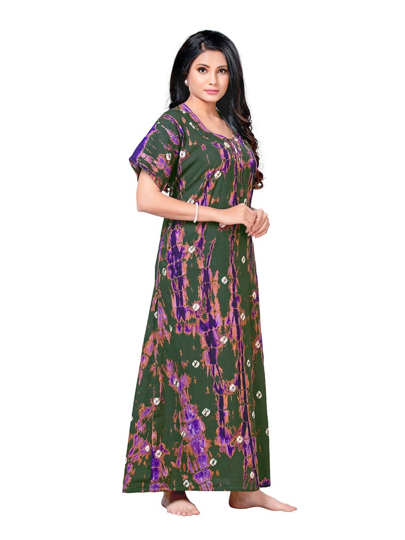 NEGLIGEE Women's Cotton Printed TIE DYE Maxi Gown Ankle Length Nighty Night Dress for Women Free Size - Mehendi - Image 5