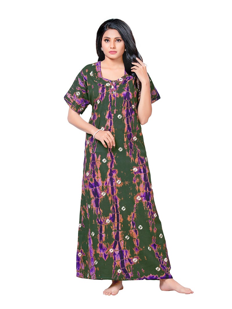NEGLIGEE Women's Cotton Printed TIE DYE Maxi Gown Ankle Length Nighty Night Dress for Women Free Size - Mehendi - Image 1