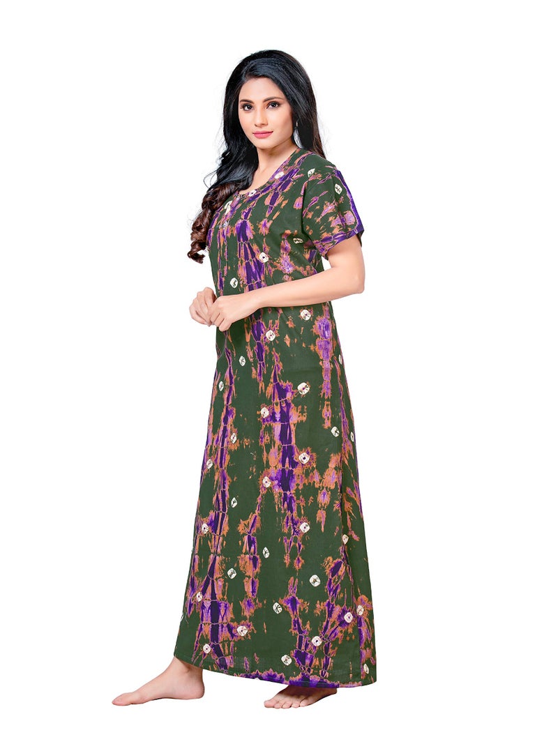 NEGLIGEE Women's Cotton Printed TIE DYE Maxi Gown Ankle Length Nighty Night Dress for Women Free Size - Mehendi - Image 4