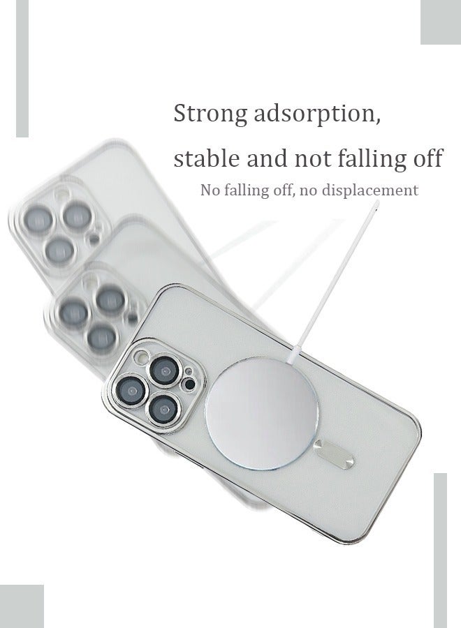 iPhone 15 Pro Max Magnetic Case Support MagSafe Charger Wireless Anti-Scratch Shockproof Clear Four Corner Cushion Screen Protector Anti-Dropping Full Body Protection Cover Silver  - Image 5