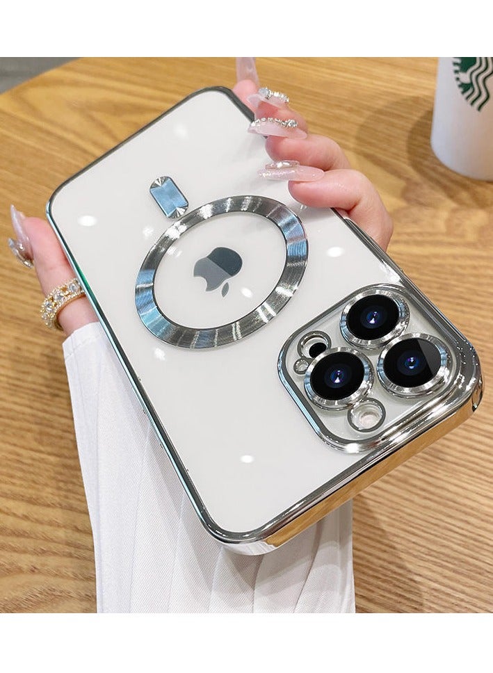 iPhone 15 Pro Max Magnetic Case Support MagSafe Charger Wireless Anti-Scratch Shockproof Clear Four Corner Cushion Screen Protector Anti-Dropping Full Body Protection Cover Silver  - Image 2
