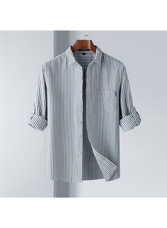 ROMON Two-way Wear With Linen】men's Striped Long Sleeve Shirt, Breathable And Comfortable Men's Shirt - Image 3