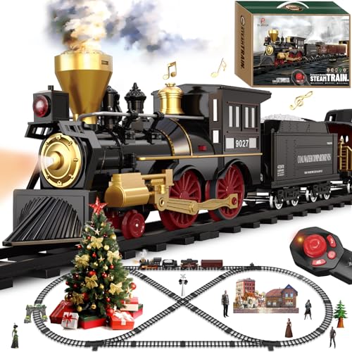 BUBUQE Train Set for Kids Remote Control Train Toys wSteam LocomotivePassenger Carriage Luxury Tracks Electric Trains wRealistic SmokeSounds Lights Christmas Birthday Gift for Boys Girls 3 4 5 6 7 - Image 1