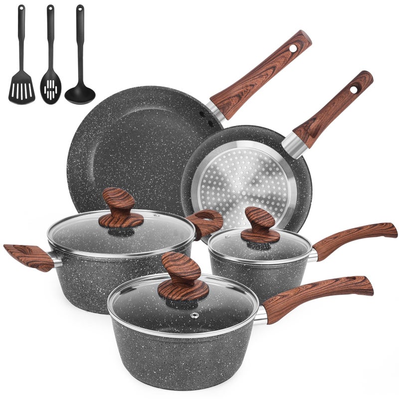 M MELENTA Granite Pots and Pans Set Non Stick, 11 Piece Die-Cast Induction Cookware Set, Nonstick Kitchen Cooking Set w/Frying Pans & Saucepans, PFOA Free - Image 1