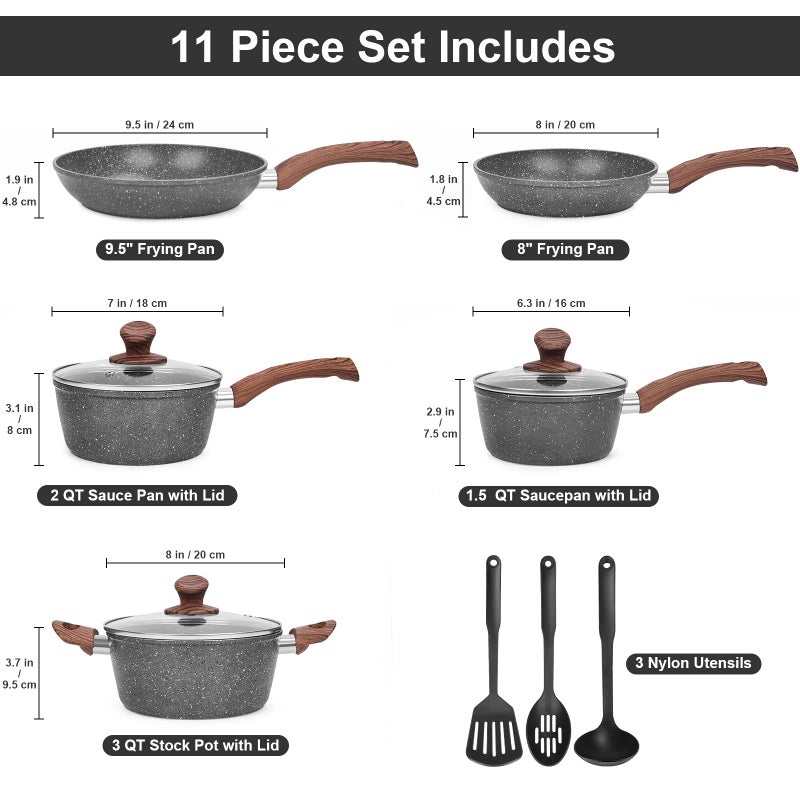 M MELENTA Granite Pots and Pans Set Non Stick, 11 Piece Die-Cast Induction Cookware Set, Nonstick Kitchen Cooking Set w/Frying Pans & Saucepans, PFOA Free - Image 2