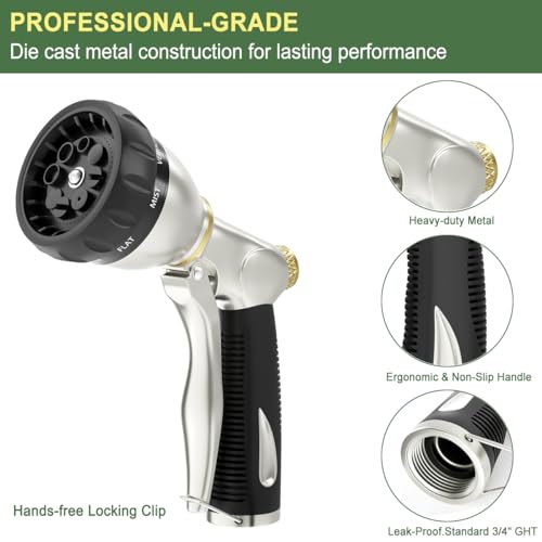 FANHAO Heavy Duty Garden Hose Nozzle, 100% Metal Water Nozzle with 8 Adjustable Spray Patterns, High Pressure Hose Sprayer with Non-Slip Grip for Watering Plants & Lawns, Washing Cars & Pets -Silver - Image 3
