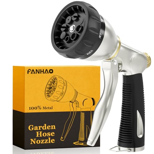 FANHAO Heavy Duty Garden Hose Nozzle, 100% Metal Water Nozzle with 8 Adjustable Spray Patterns, High Pressure Hose Sprayer with Non-Slip Grip for Watering Plants & Lawns, Washing Cars & Pets -Silver - Image 1
