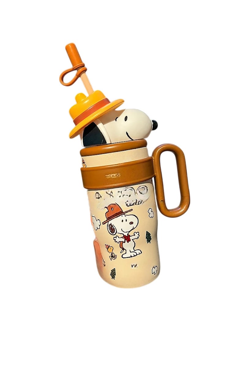 Snoopy Kids Water Bottle, Kids Thermal Stainless Steel Bottle, Leakproof And Insulated Cartoon Water Cup, Durable Cute Portable Bottle With Straw For Children, (1pc, Brown)