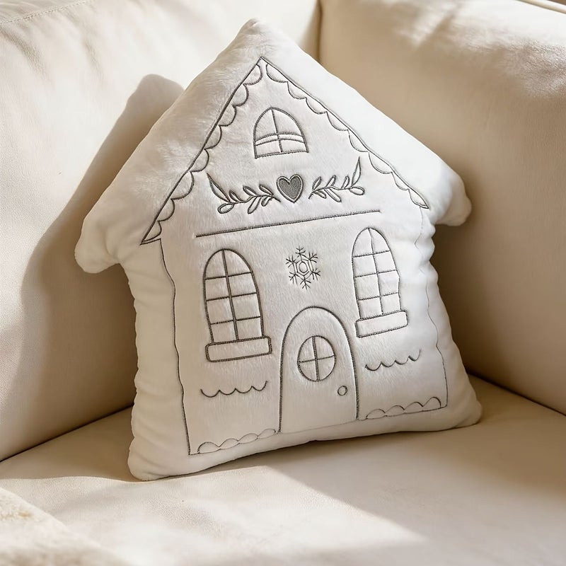 White Cottage Embroidered Gingerbread House Throw Pillow for Sofa Bed Decor - Image 1