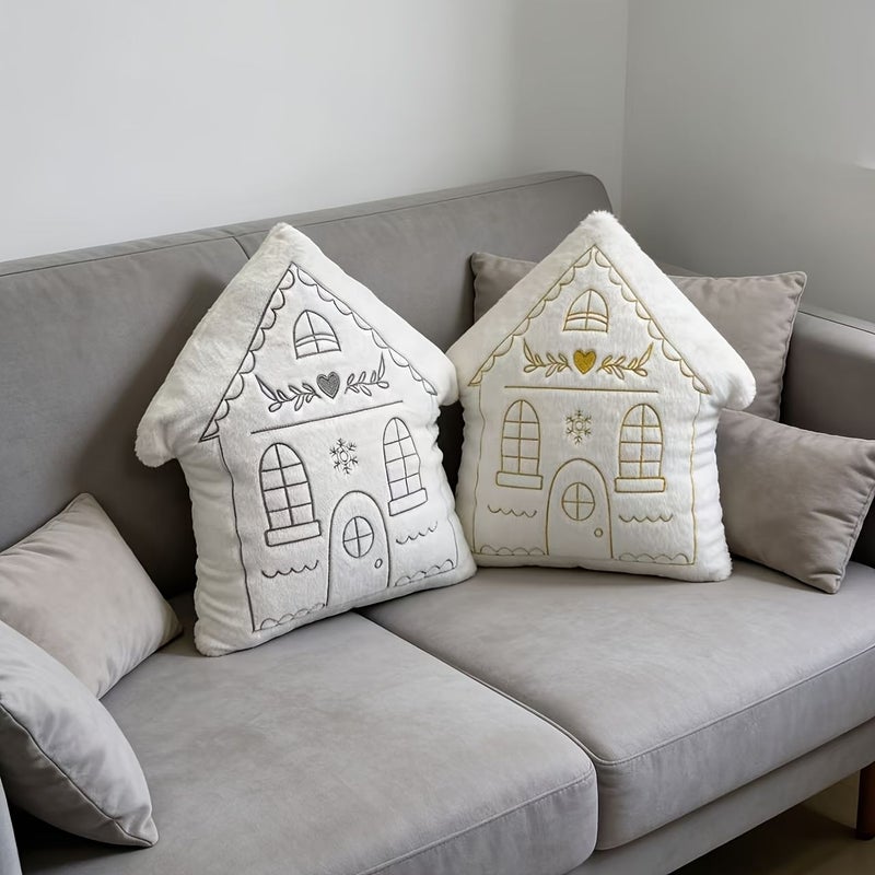 White Cottage Embroidered Gingerbread House Throw Pillow for Sofa Bed Decor - Image 3