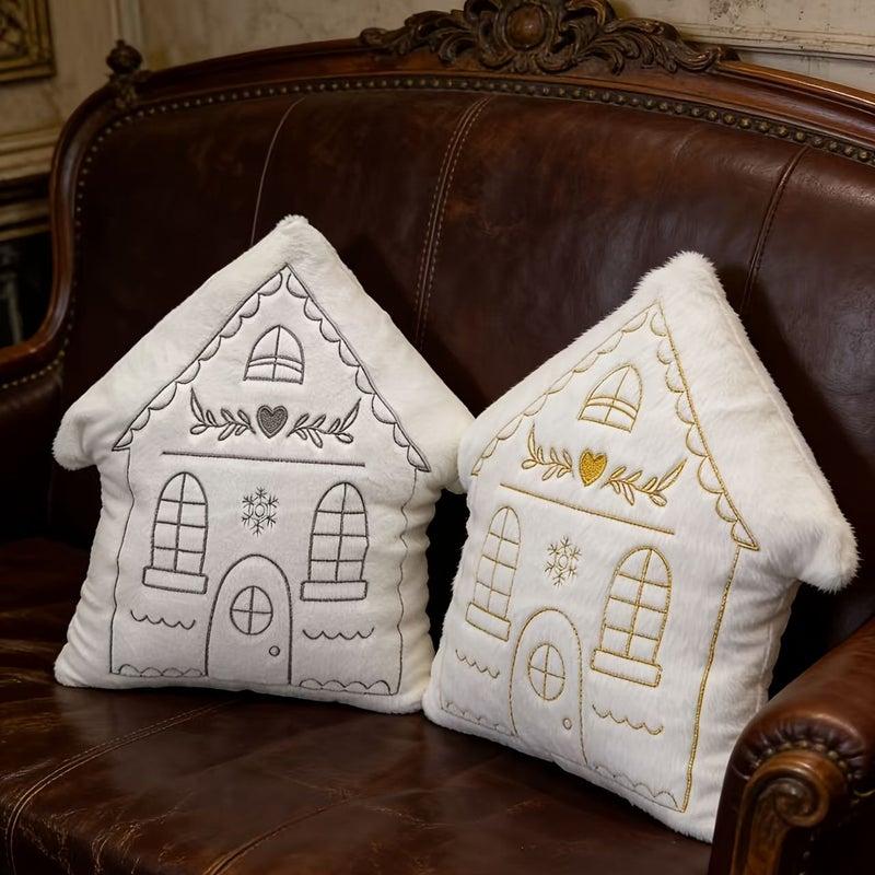 White Cottage Embroidered Gingerbread House Throw Pillow for Sofa Bed Decor - Image 2